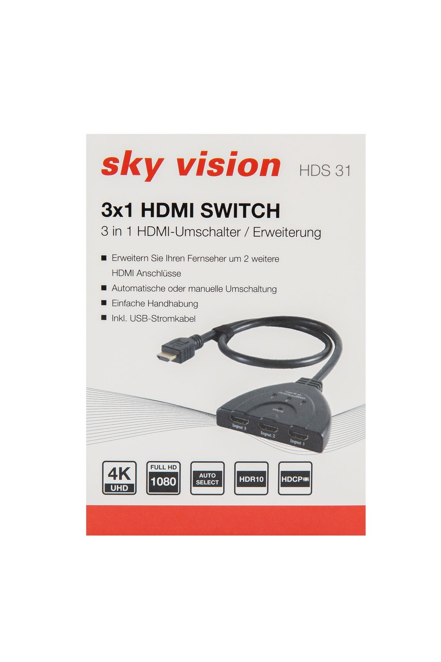 sky vision HDMI Umschalter, 3x1 IN, 1x OUT, 1080P, HDR10,Dolby Digital