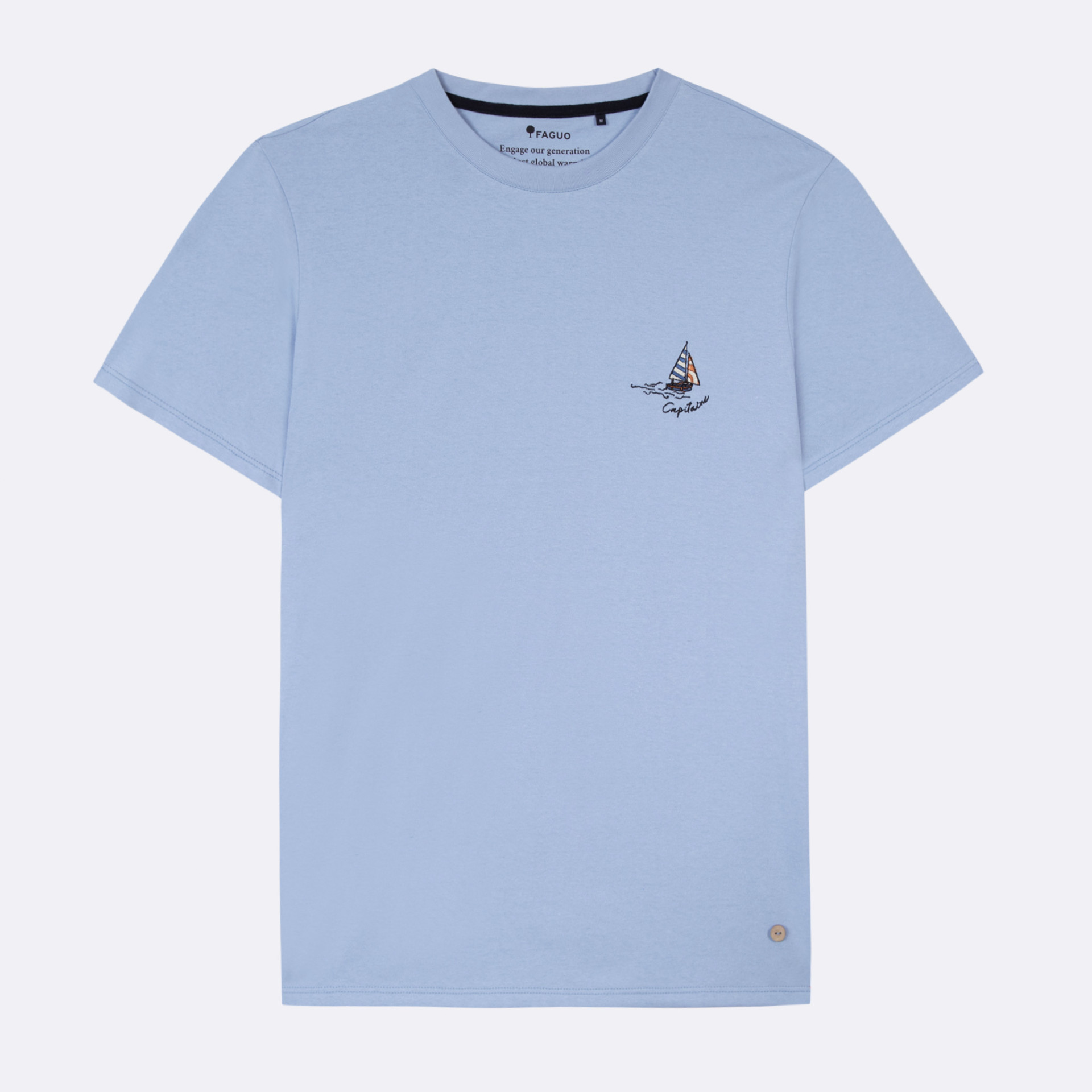 T-shirt bleu clair broderie poitrine capitaine coton et coton recyclé - modèle arcy