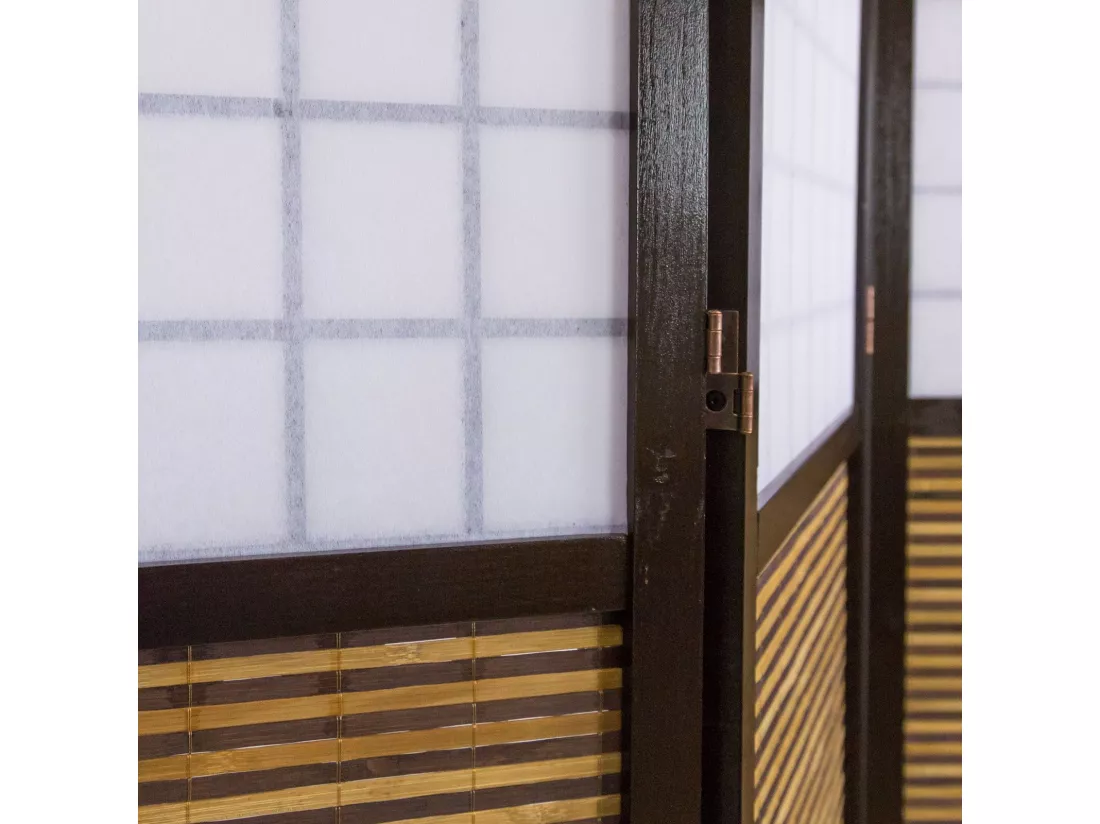 Paravent/séparateur de pièce japonais en bois avec bambou de 5 panneaux coloris marron
