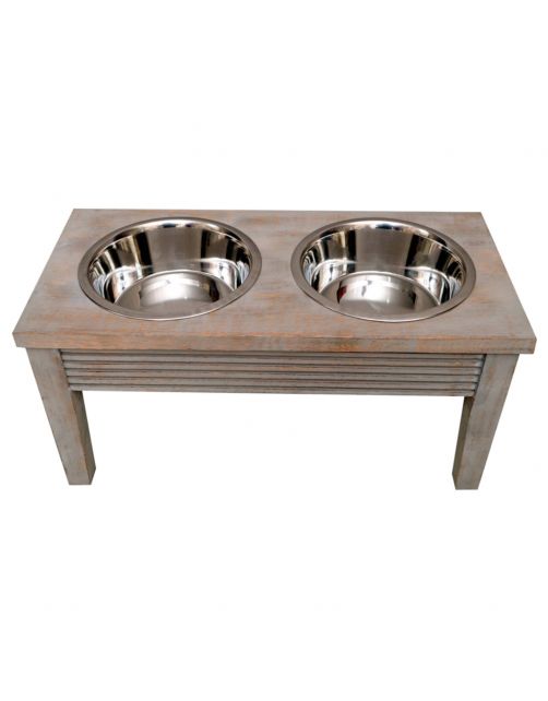 Adori Voerbak Op Standaard Hout Dubbel Grey Wash - Hondenvoerbak