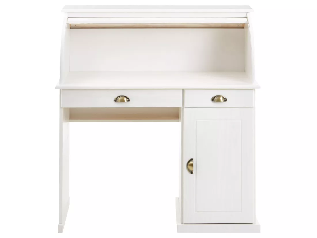 Bureau secrétaire TOM avec volet roulant rangement 2 tiroirs et 1 porte avec étagère, en pin massif lasuré blanc