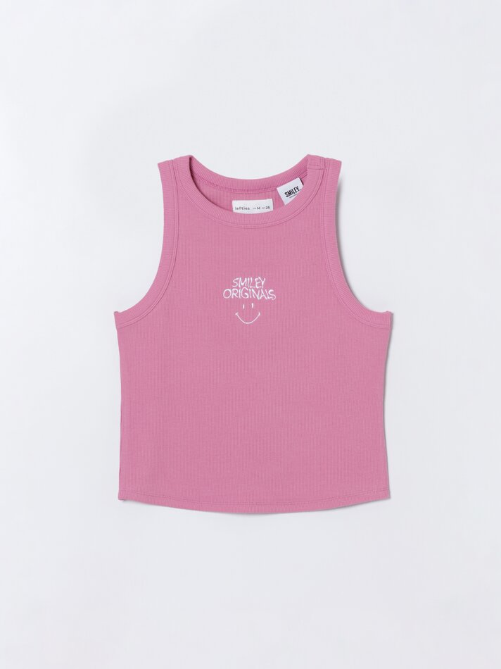 Blusa sem mangas com estampa de carinha sorridente - Rosa