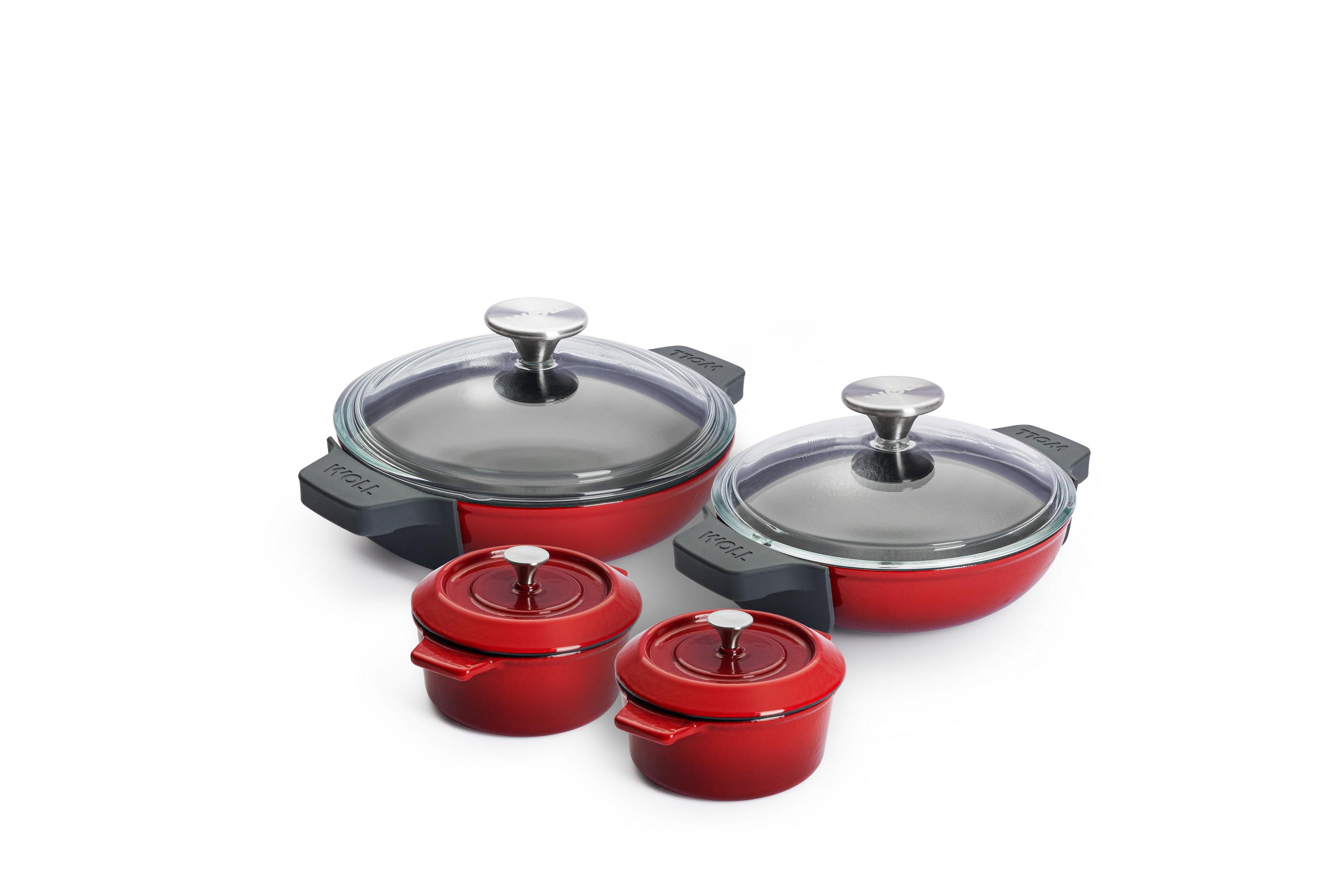 Iron Guss-Servierpfannen-Set mit Mini-Kasserollen, Ø 20 + 18 + 10 cm - Farbe: Chili Red