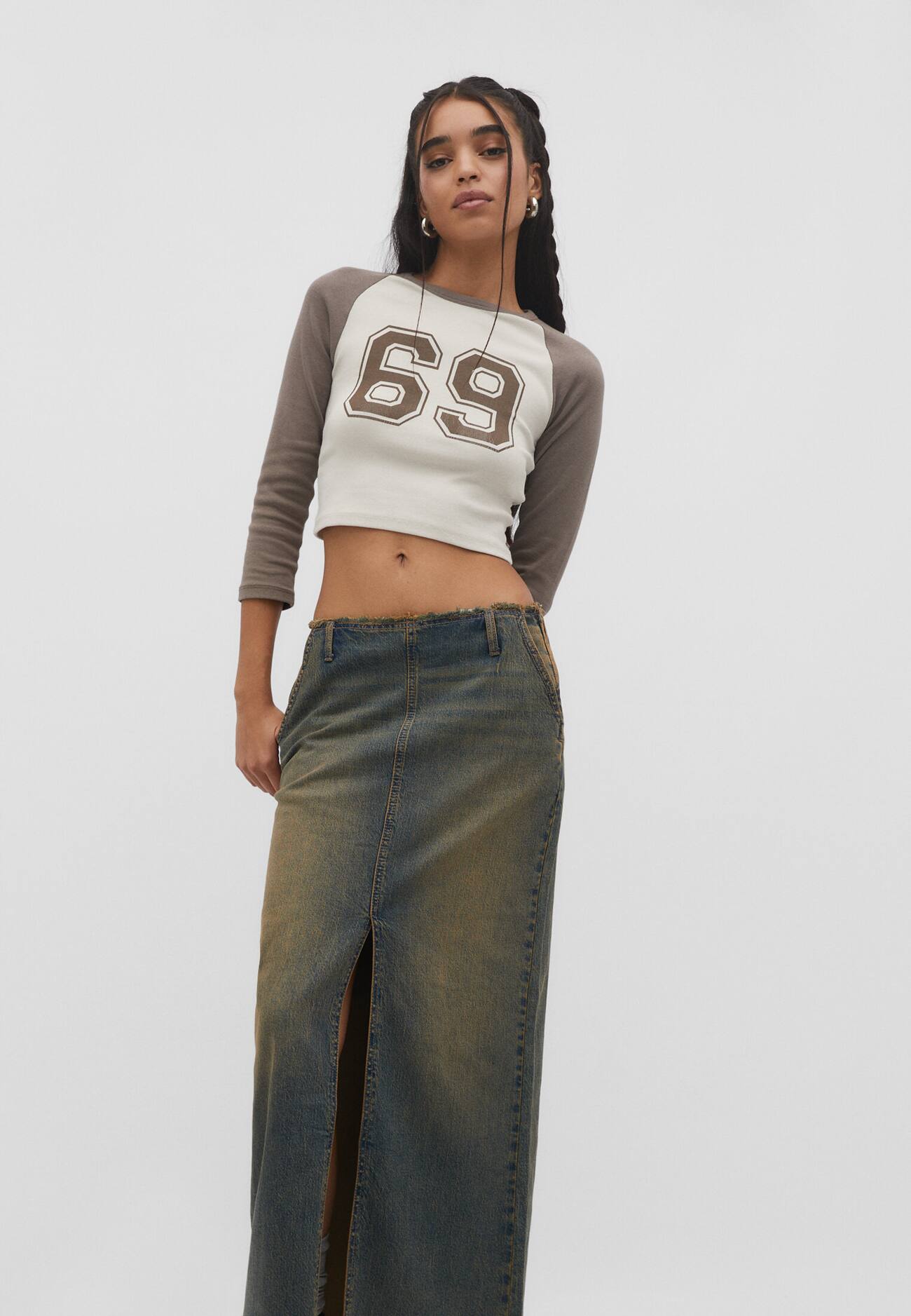 Saia jeans longa de cintura baixa