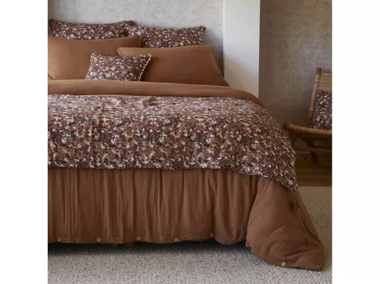 ADONIS - Chemin de Lit 90x200cm Gaze de Coton Brun Imprimé Fleur Détail 4 Pompons