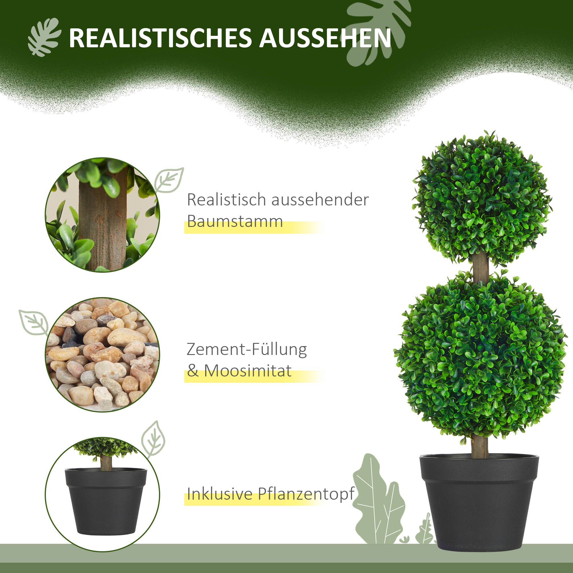 HOMCOM Kunstpflanze mit Doppel-Kugel grün 17L x 17B x 60H cm