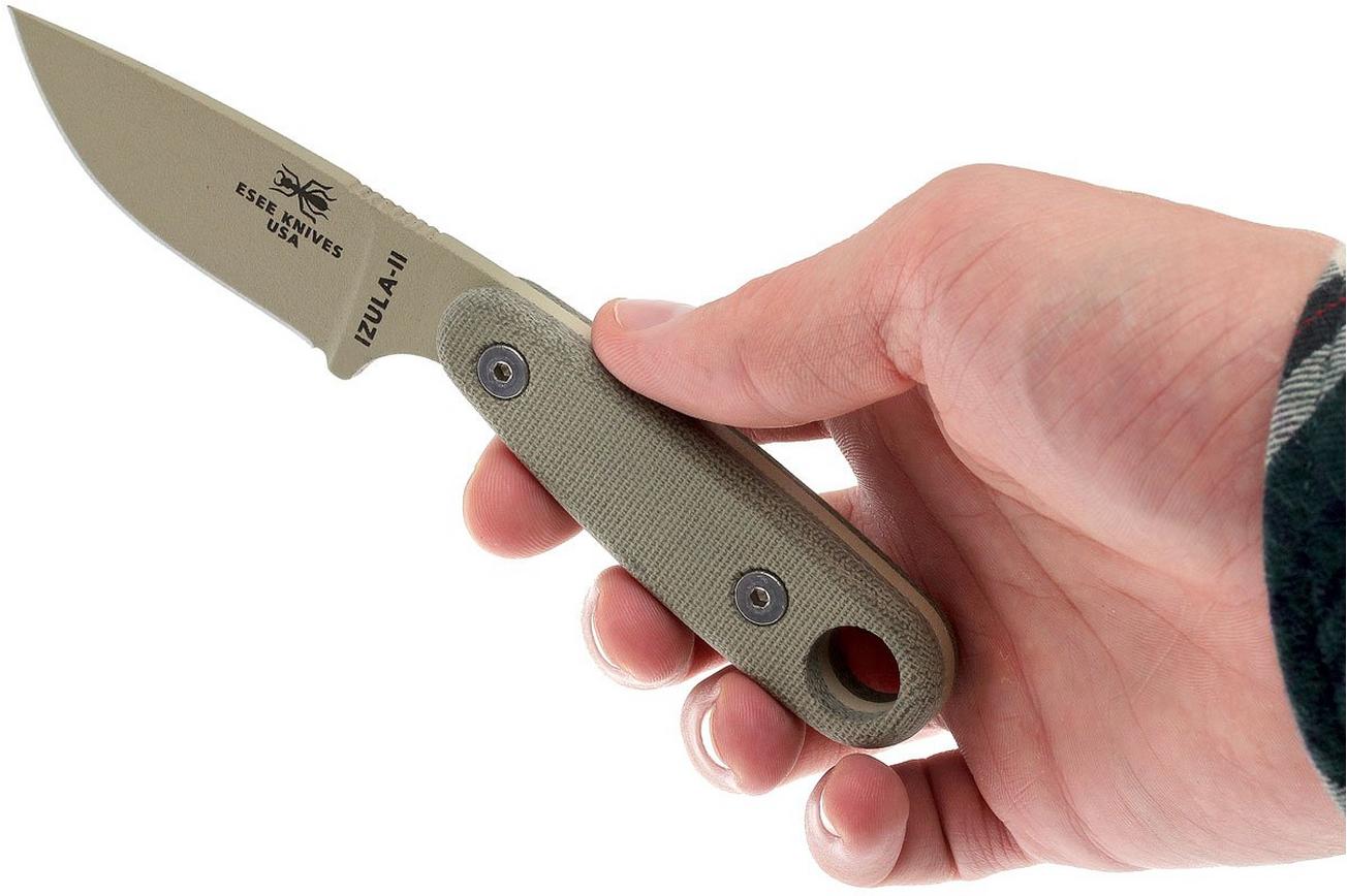 ESEE Izula II Desert Tan IZULA-II-DT survivalmes met zwarte schede   riemclip