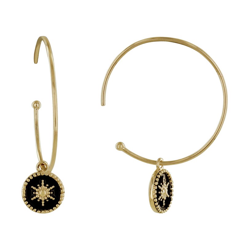 Boucles d'Oreilles Plaqué Or Demi Créoles Soleil Émail Noire