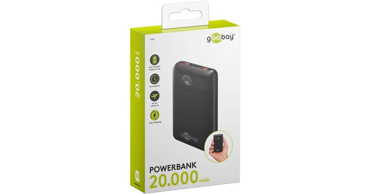 goobayPower Bank Compact 20.000 mAh  powerbank  (Zwart, 20 Ah, 1x USB-A, 1x USB-C, Power Delivery, Quick Charge)