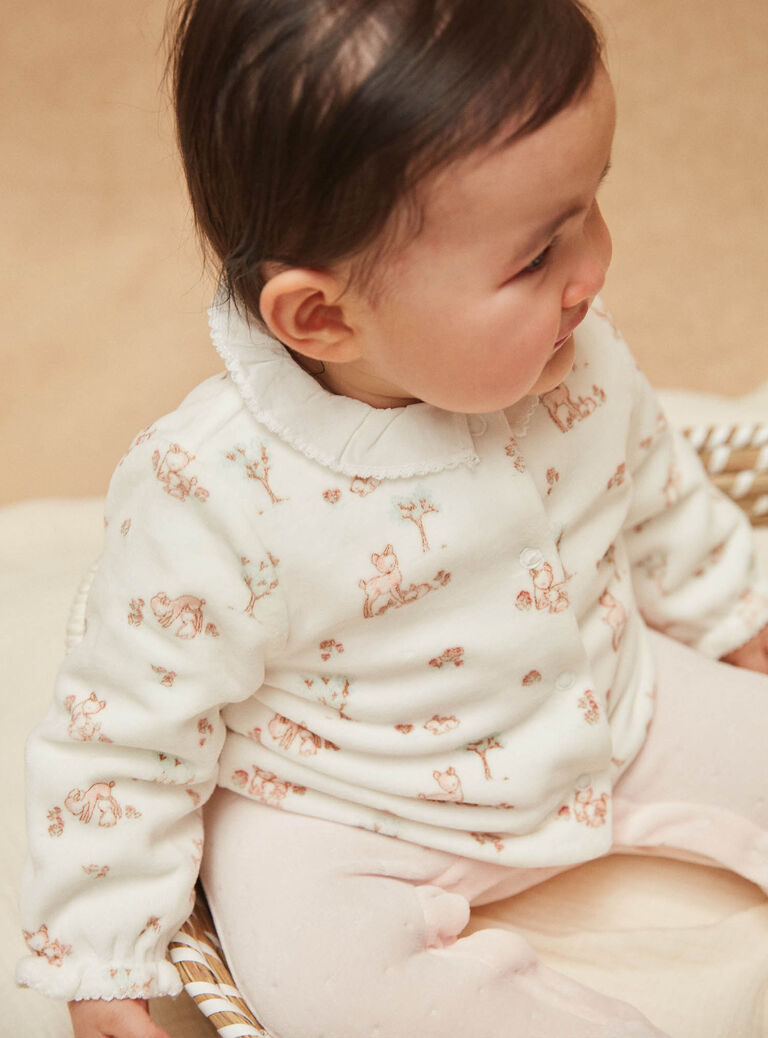 Grenouillère rose pâle et gilet écru en velours en coton biologique et polyester recyclé