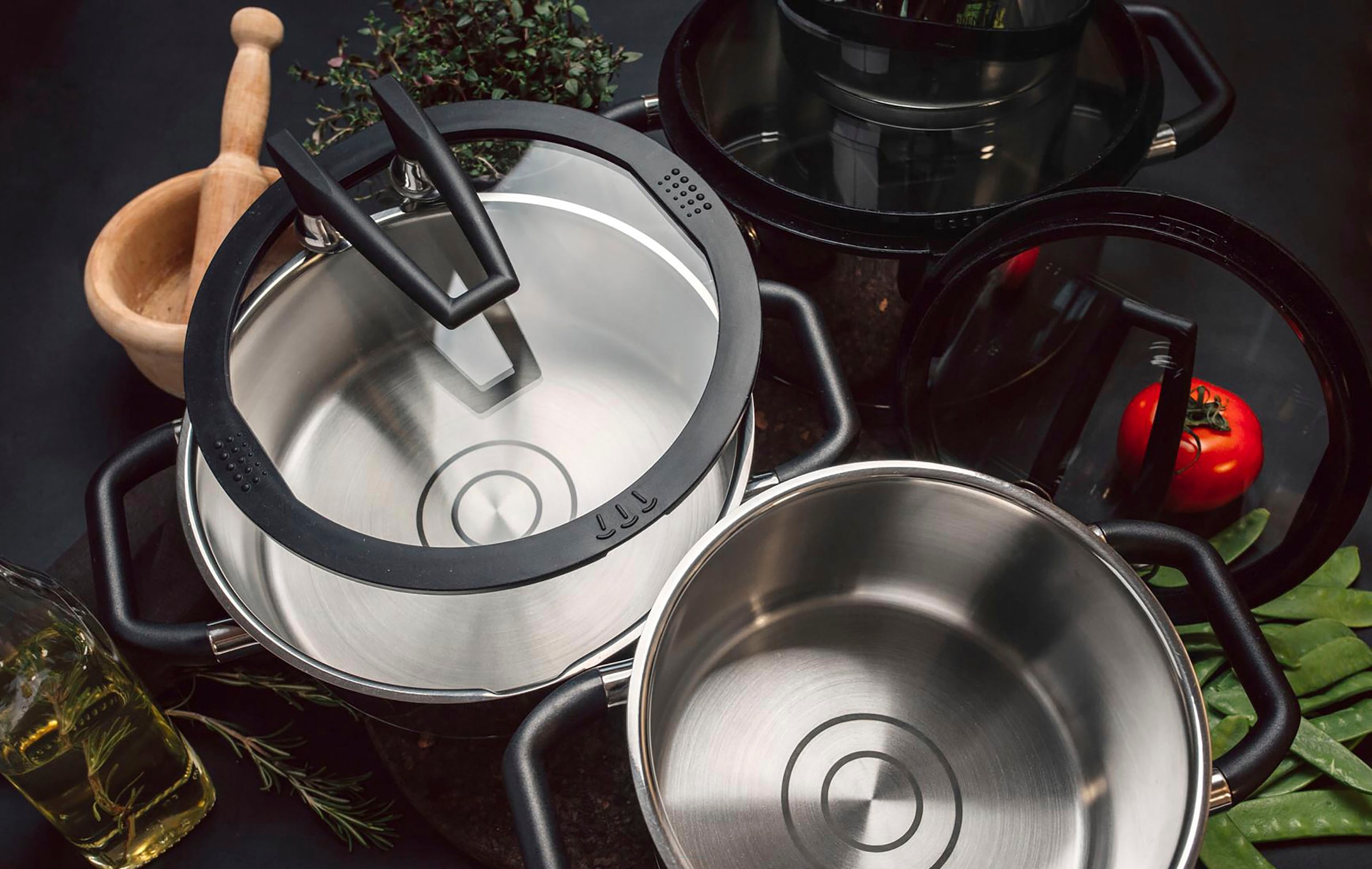 Elo Premium Topf-Set »Rondello« Set, je 1 Fleischtopf Ø 16/20/24 cm, 1x Stieltopf Ø 16 cm, 7 Stk. tlg. Edelstahl 18/10 | Edelstahl 18/8