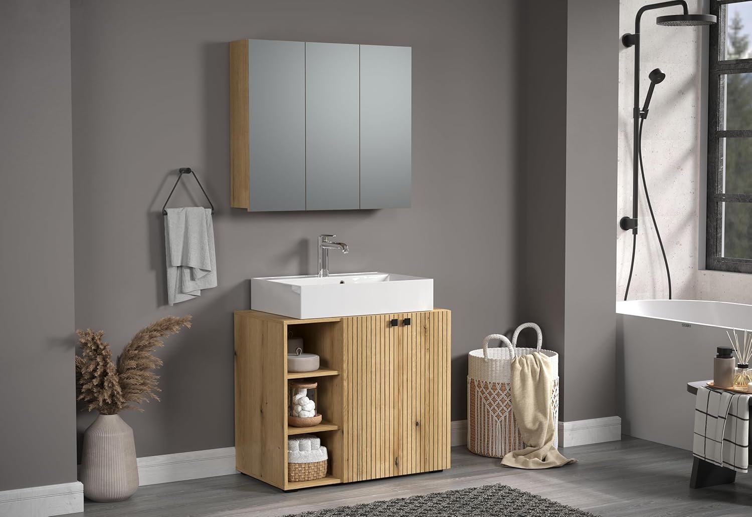 trendteam smart living - PureBliss - Waschbeckenunterschrank - Evoke Eiche - Rillenoptik - 3 offene Fächer + 1 Einlegeboden + 60cm Aufsatzwaschbecken - (BxHxT) 90 x 91 x 53cm - Metallgriffe