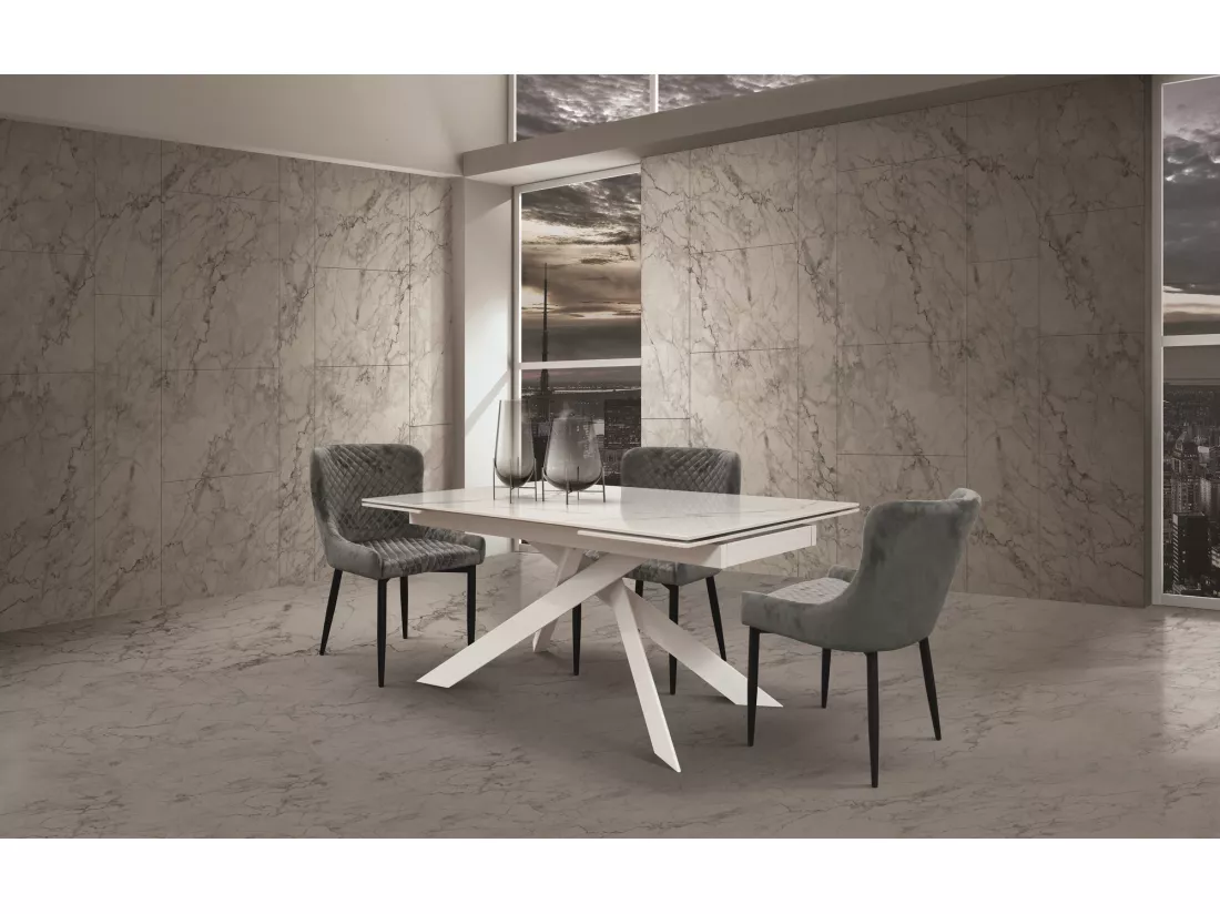 Table en vitrocéramique effet marbre, métal blanc, extensible 160x90 - BEVERLY HILLS