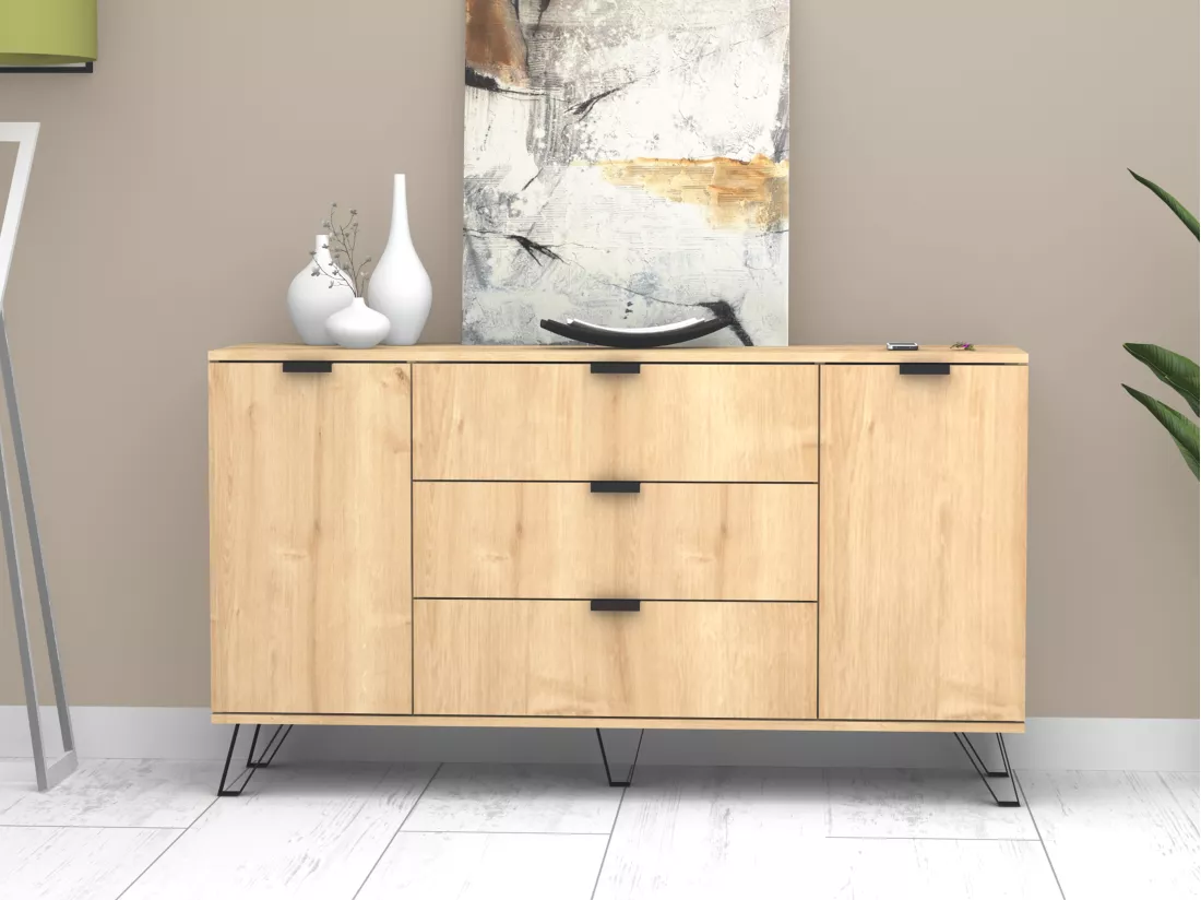 Buffet avec 2 portes et 3 tiroirs - Naturel et noir - MENODA