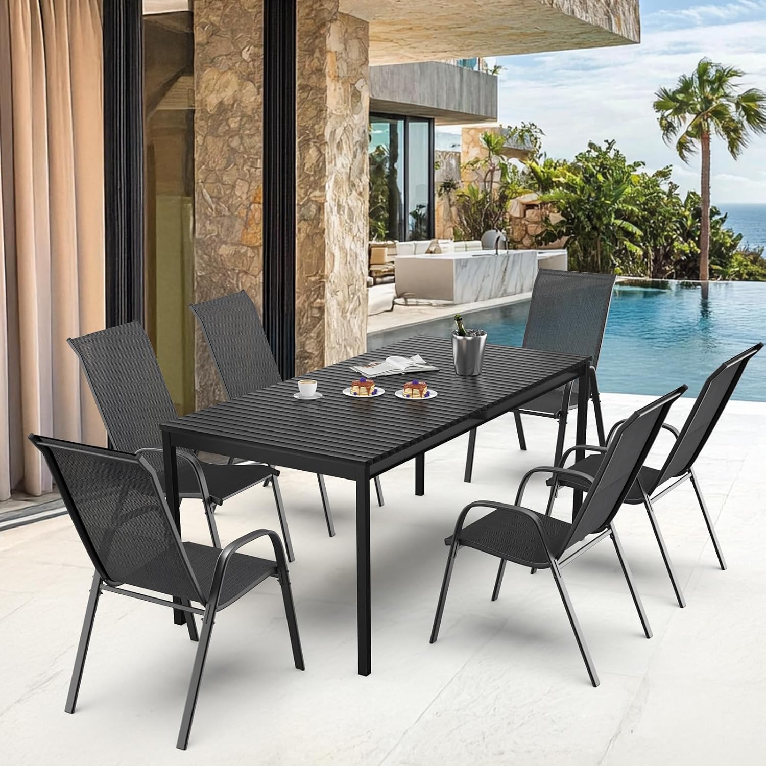 Bonnlo Stapelbare Gartenstühle 6er Set, Outdoor-Essstühle, Wetterfeste Stapelstühle mit Atmungsaktivem Textilene, Robustes Metallgestell, für Balkon, Terrasse & Garten, bis 180 kg, Schwarz
