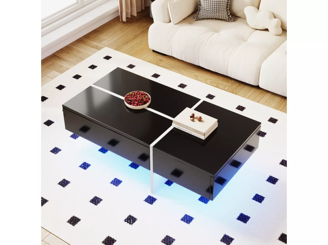 Table basse, structure effet marbre blanc et table avec LED, Noir