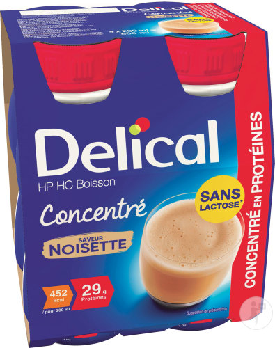 Delical Concentré HP HC Boisson Sans Lactose Saveur Noisette Bouteilles 4x200ml