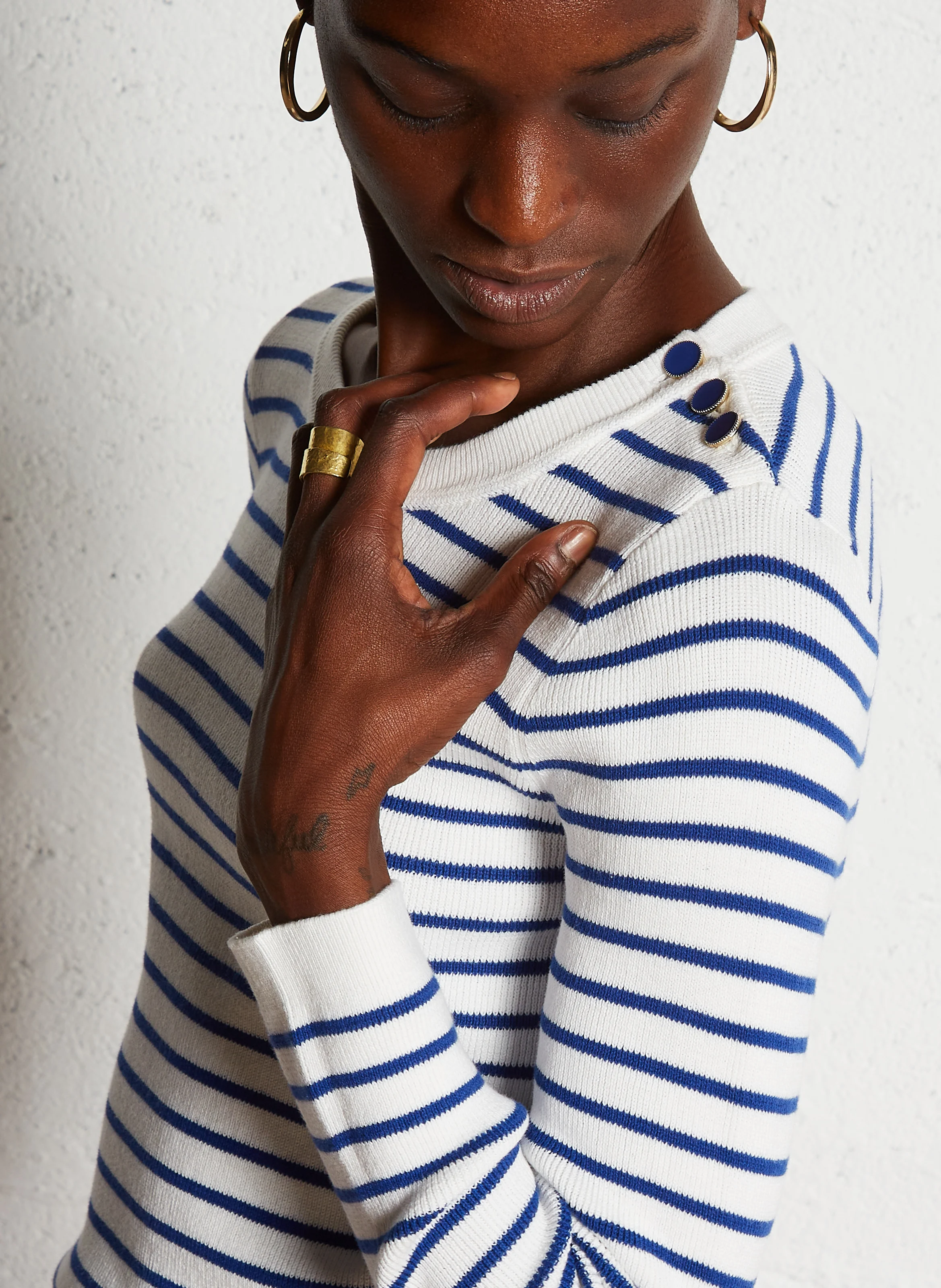MOLLY - Pull col rond droit en coton rayé | Bleu
