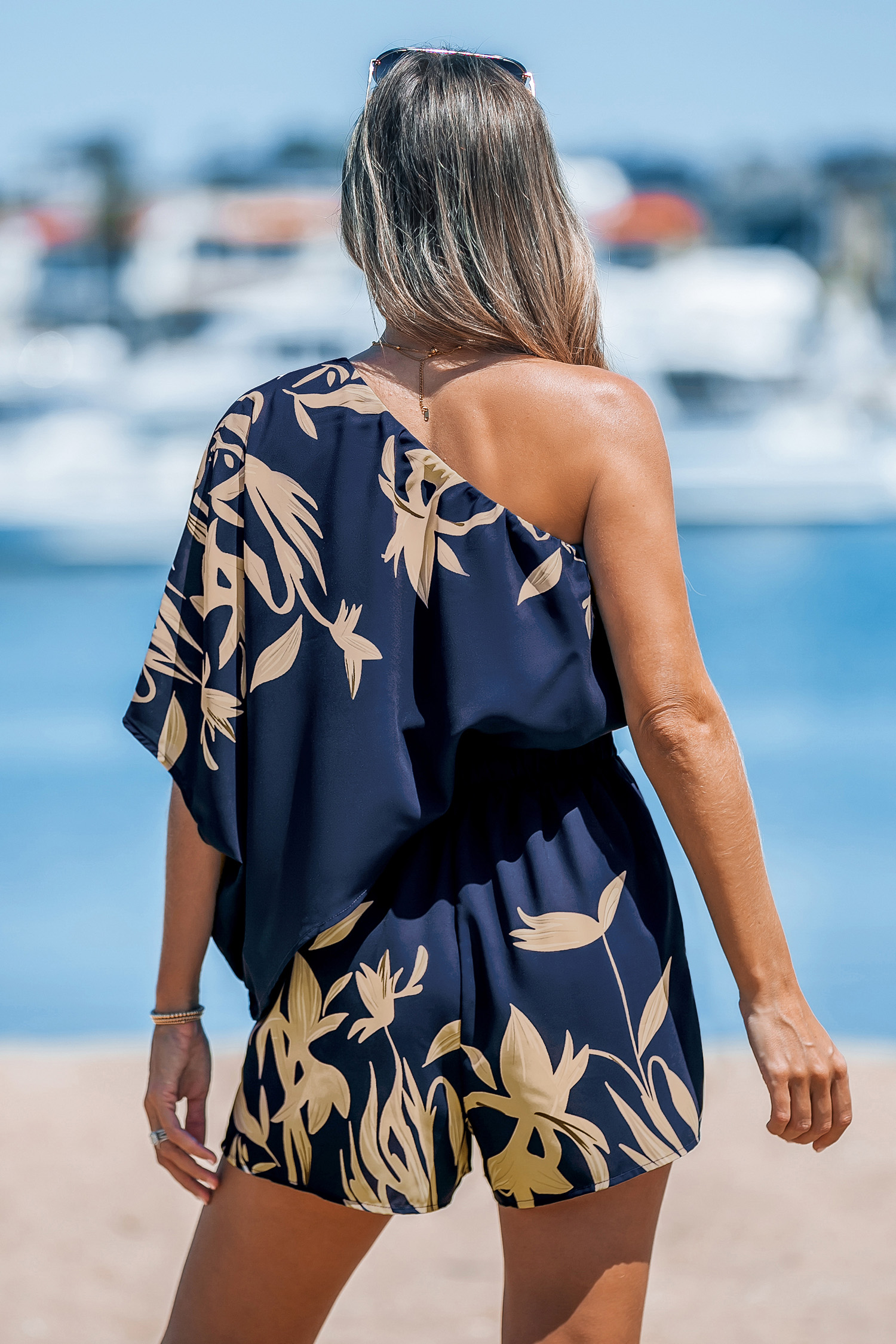 Combishort à une épaule et imprimé floral bleu