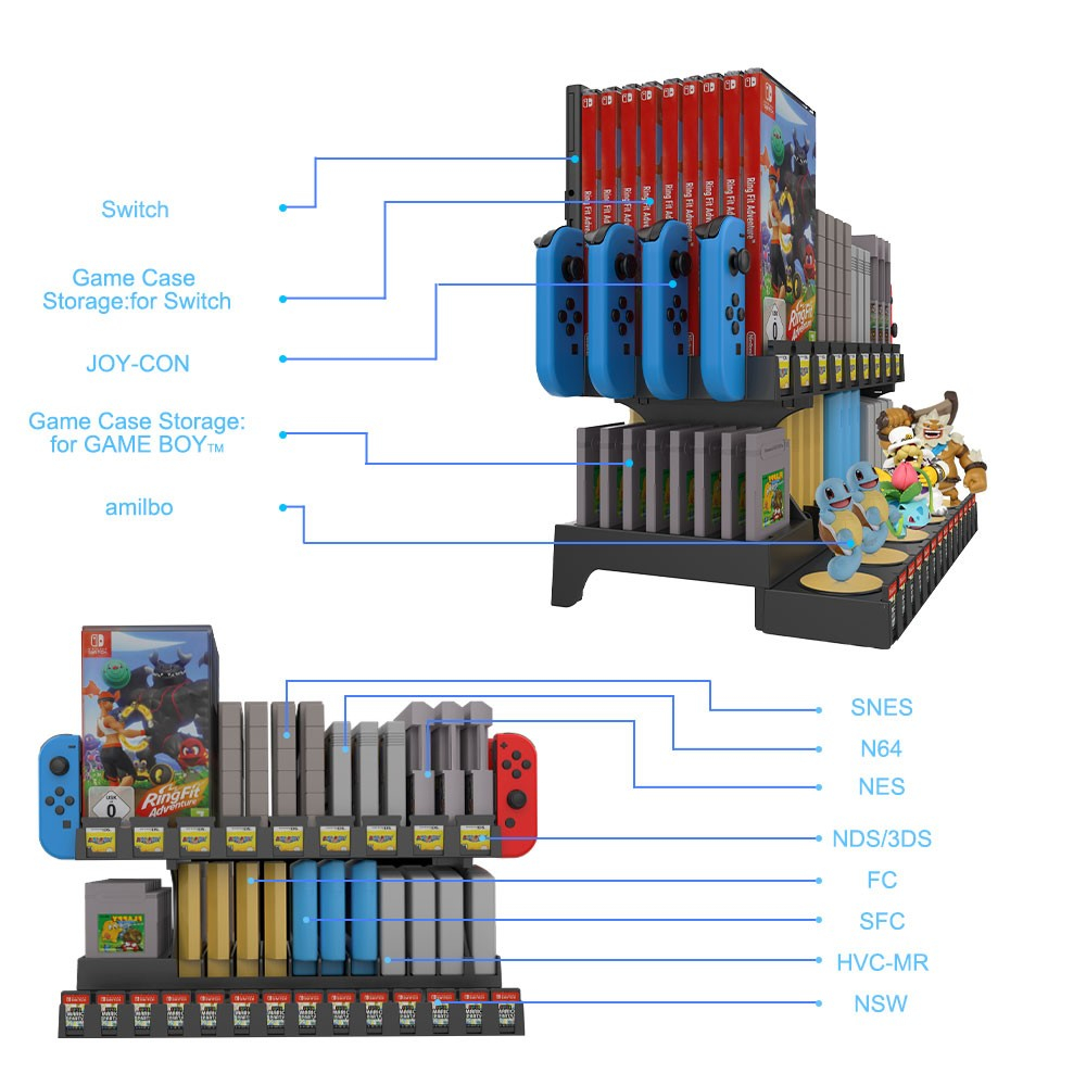Halterung zur Organisation für Nintendo Switch / OLED mit Joy-Cons   Amiibo Figuren / Games von NSW / NDS / 3DS / Gameboy - Schwarz
