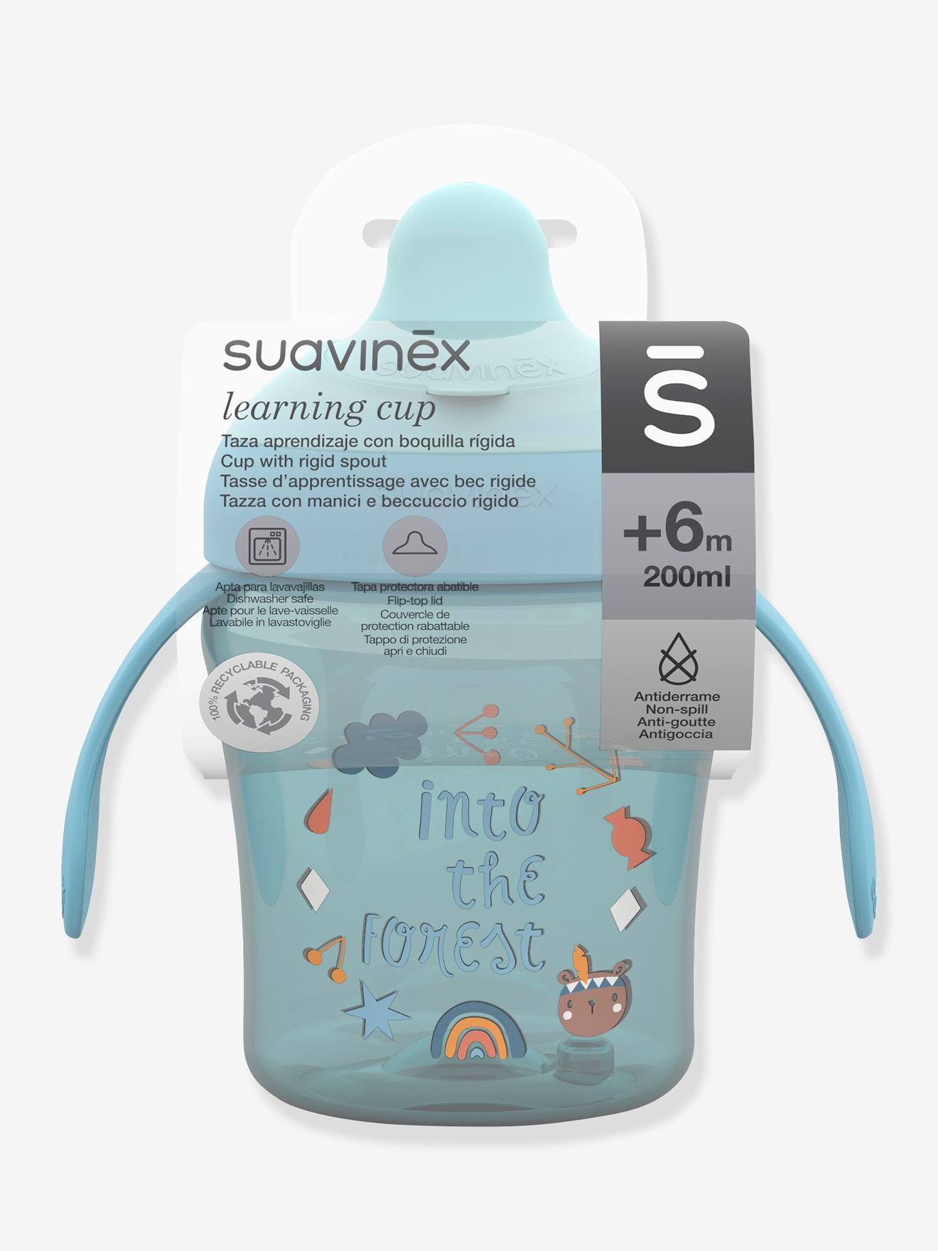 Copo de aprendizagem SUAVINX com alças e bico rígido, azul sólido com padrões.