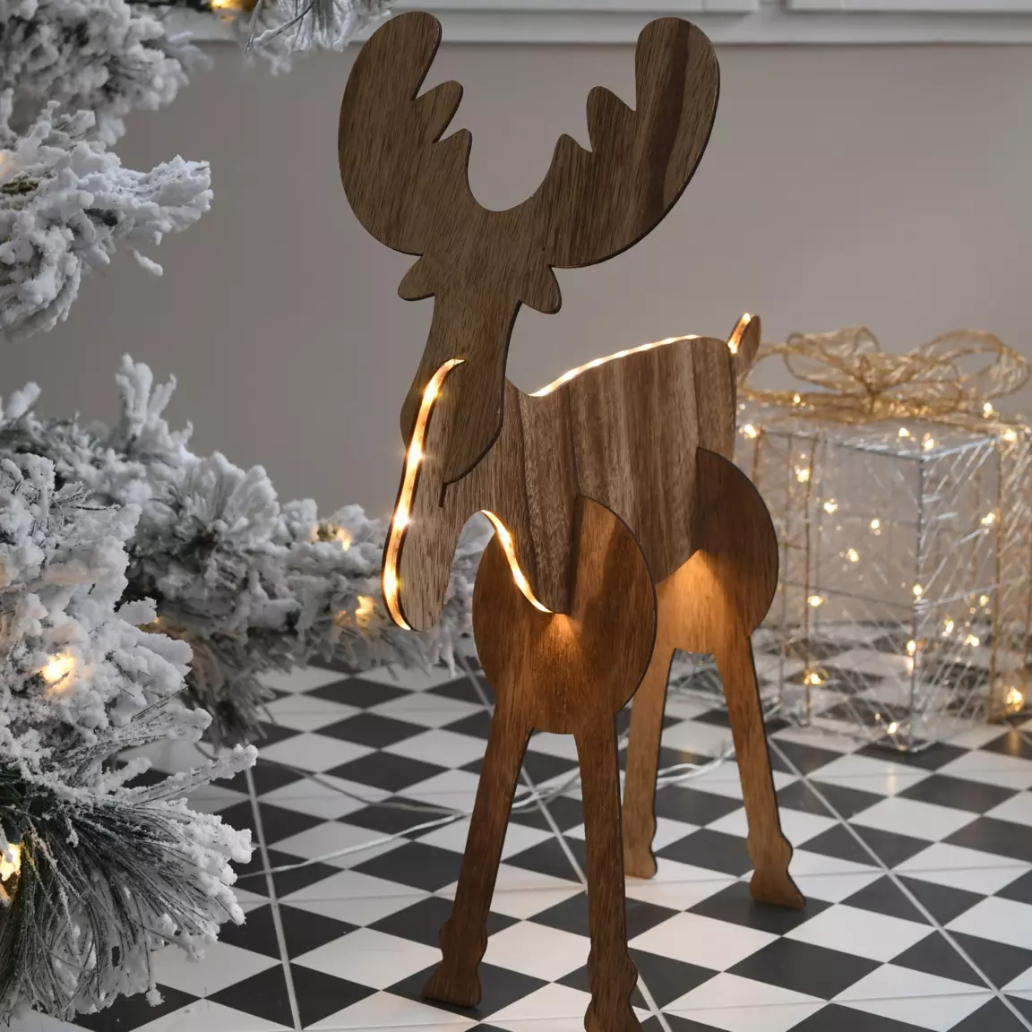 Renne lumineux à piles à emboiter (H18 cm) Wood Blanc chaud