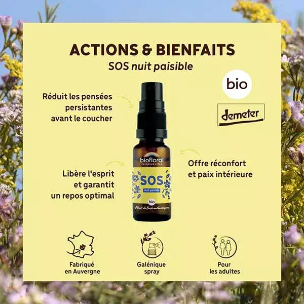 Spray de resgate noturno Biofloral SOS Peaceful Night, orgânico, Demeter, 20 ml