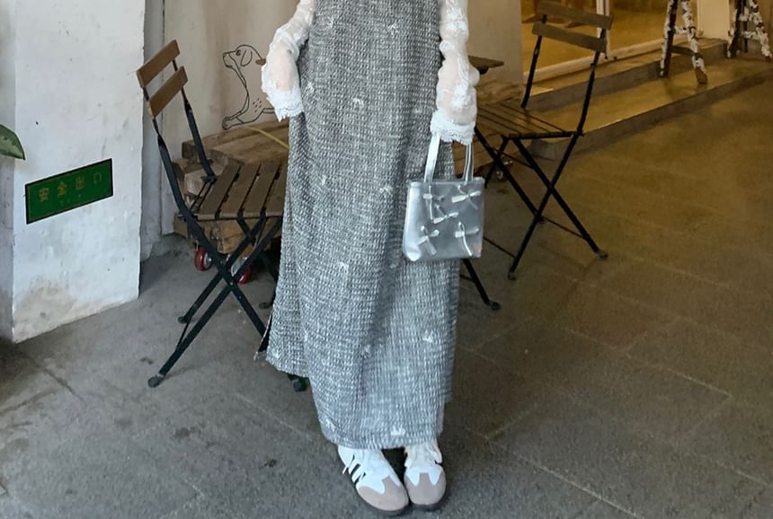 Trendycas - Top met lange mouwen, ronde hals, geborduurde bloemenkant / Maxi A-lijn truijurk van tweed met ronde hals en strik