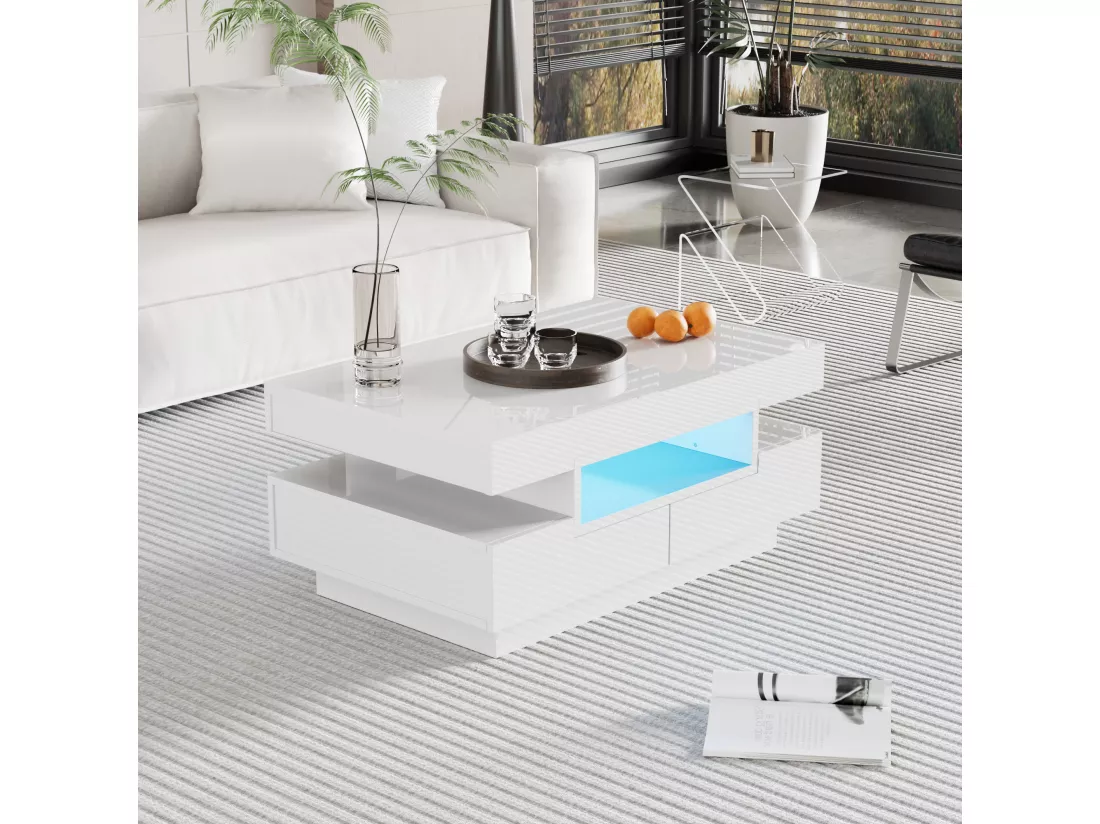 Table basse avec 4 tiroirs - 80 x 50 x 36 cm - LEDs - Panneaux de particules - Blanc