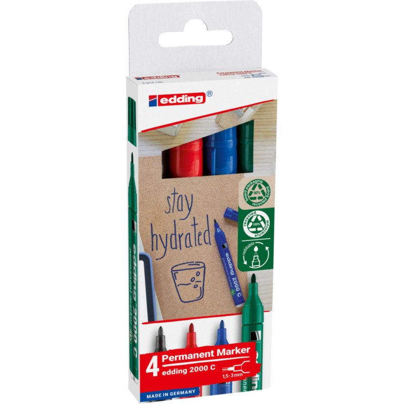 Marqueur permanent rechargeable Edding E2000C pointe ogive 1,5 mm - Pochette 4 couleurs assorties