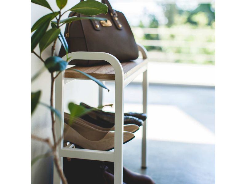 Yamazaki Schuhregal Tower 48 x 46 cm, Weiss Schuhorganizer mit Holzablage