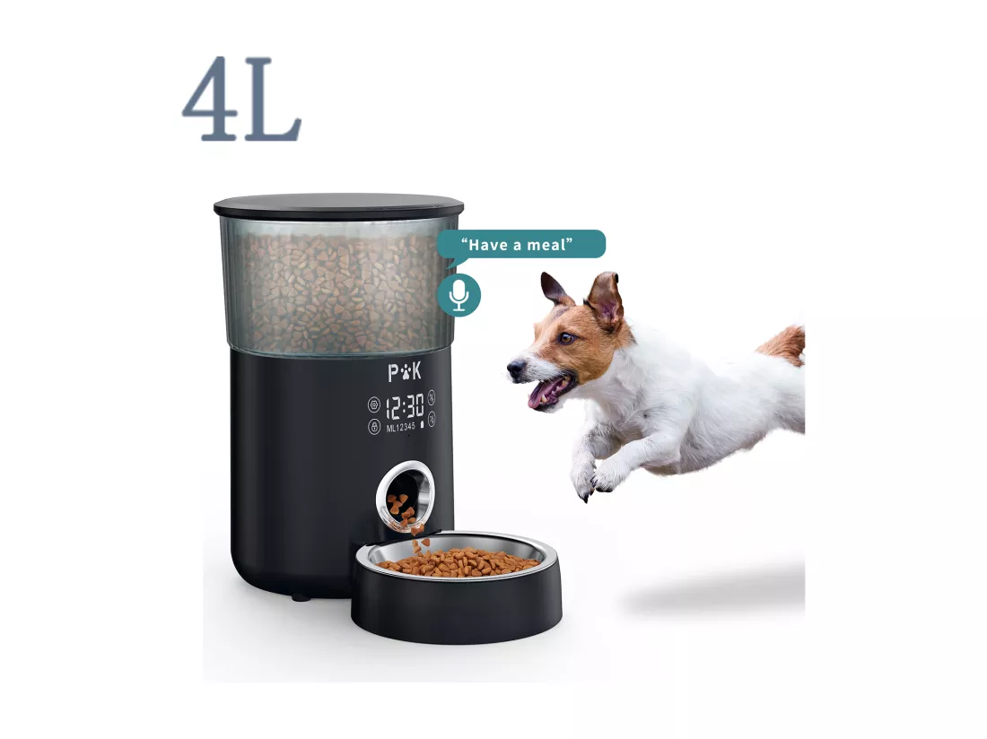 p&k LCD Distributeur Croquettes 4L Chats/Chiens Distributeur Automatique de Nourriture avec Bol en Inox Fonction d'enregistrement 5 Repas/Jour,Noir