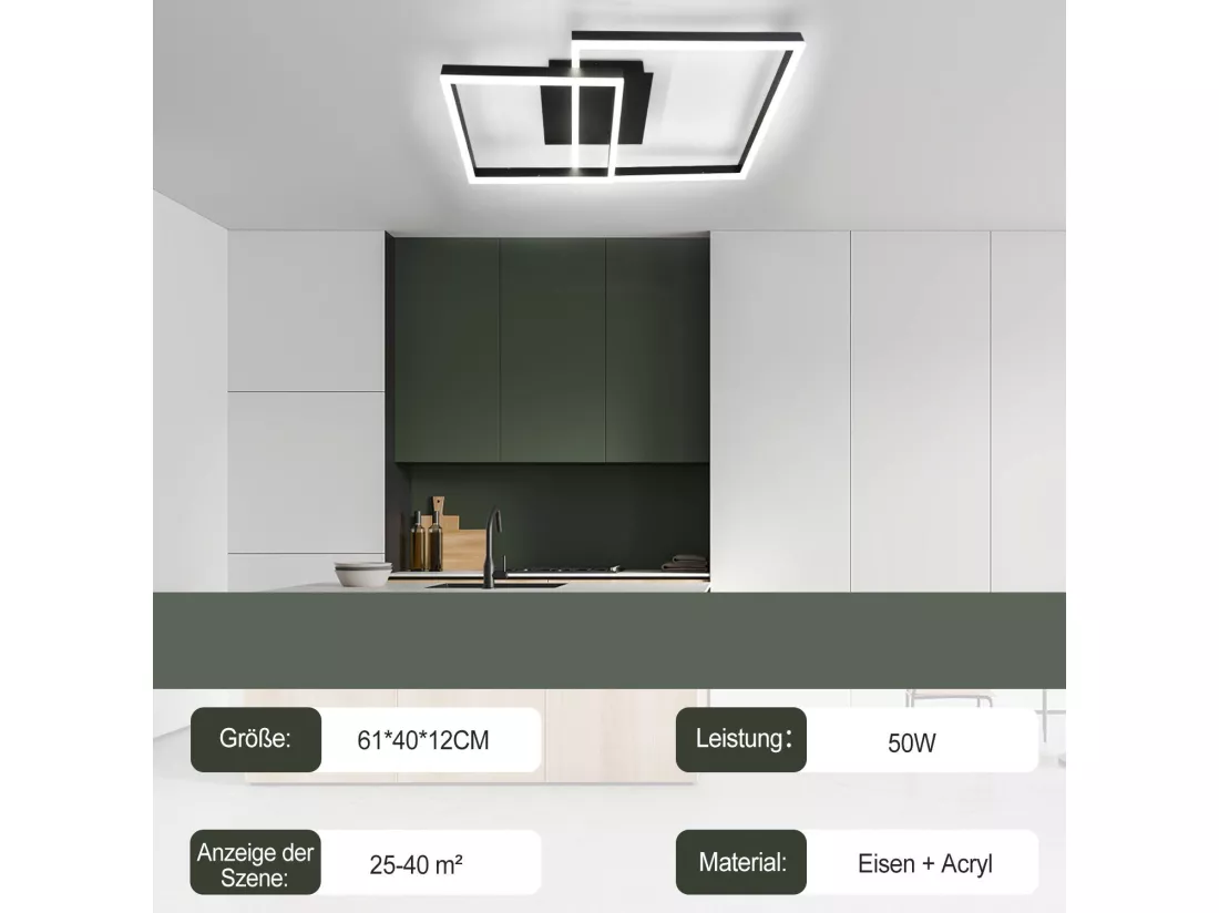 NETTLIFE Plafonnier LED Lampe de Salon Noir Lampe de Chambre 50 W Moderne Dimmable avec Télécommande Géométrique pour Cuisine Couloir Salle à Manger