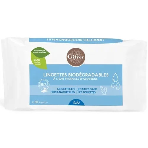 Lingettes biodégradables à l'eau thermale d'Auvergne - 60 Lingettes