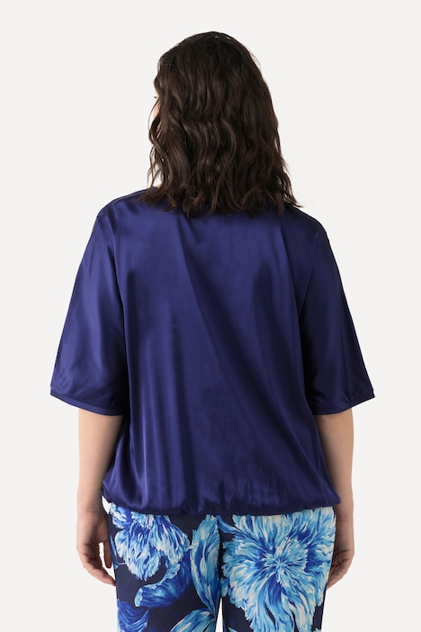 Satinbluse, Oversized, V-Ausschnitt, Halbarm, Gummisaum
