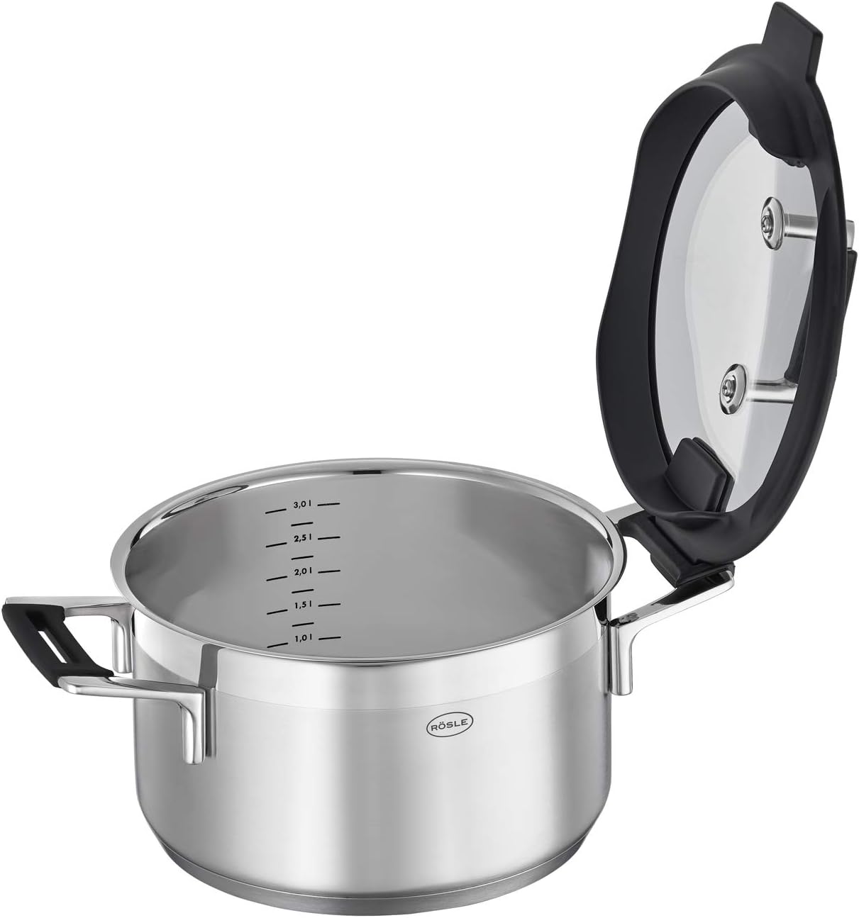 RÖSLE SILENCE PRO Topf-Set 4-teilig, hochwertiges Universaltopfset mit 3 Kochtöpfen und 1 Stielkasserolle, Edelstahl 18/10, Glasdeckel, Innenskalierung, induktion & spülmaschinengeeignet, Silberfarben