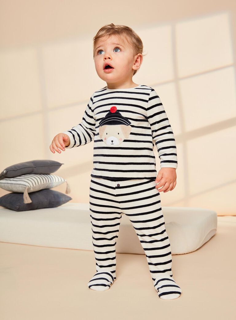 Pyjama deux pièces beige clair chiné en velours avec broderie tête de chien