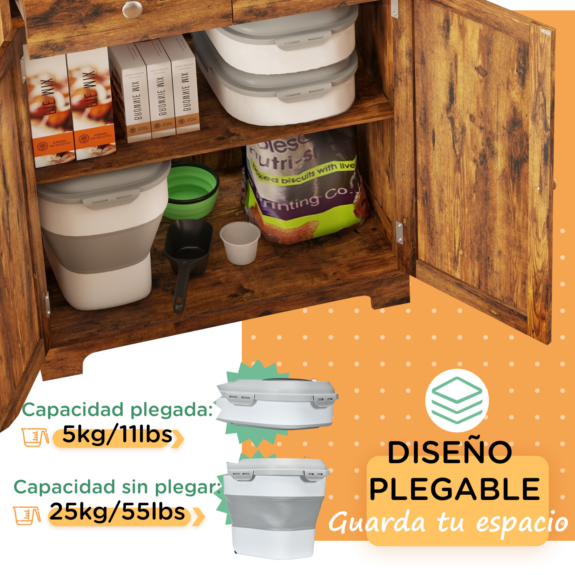 Recipiente dobrável PawHut de 25 litros para ração de cães, com rodas, copo medidor, tigela dobrável e pá, ideal para armazenar alimentos para animais de estimação, na cor cinza.