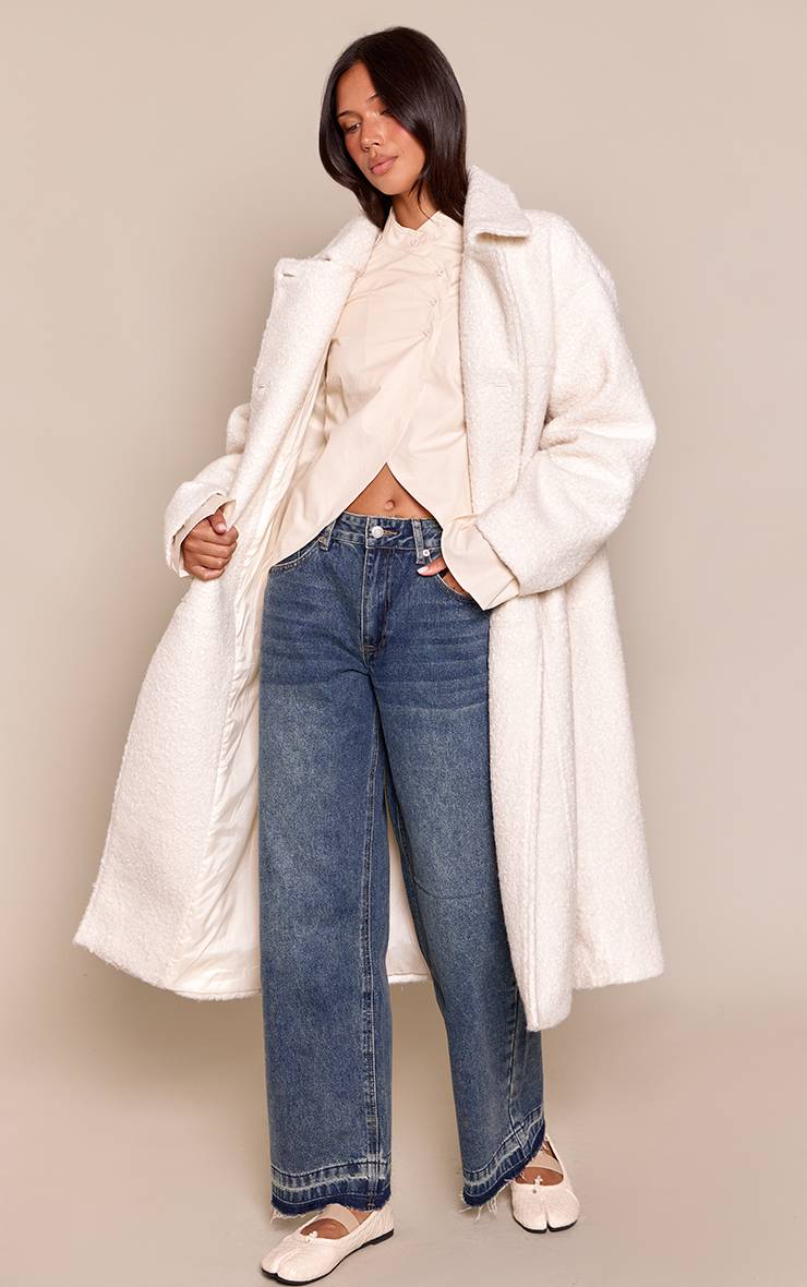 Ecru Manteau Maxi En Bouclé À Double Boutonnage