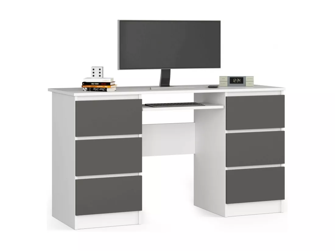 Bureau d'ordinateur AKORD A11 Blanc 135 cm 6 tiroirs façade Gris Graphite 135x50x77 cm