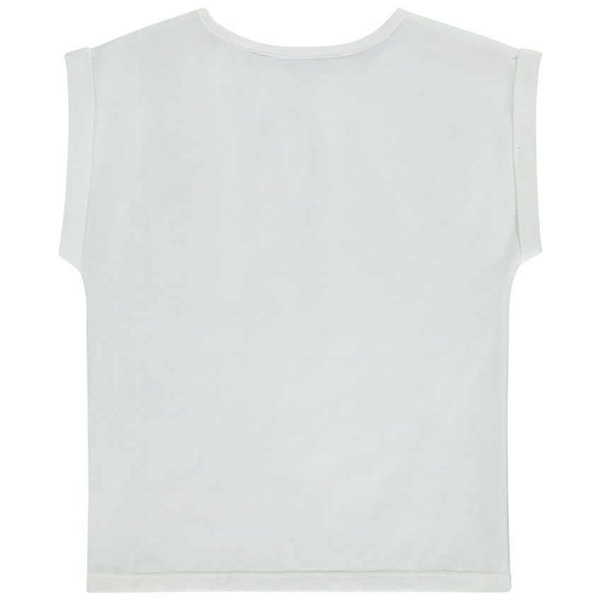 T-shirt manches courtes patch fantaisie fleur en crochet pour fille - Ecru