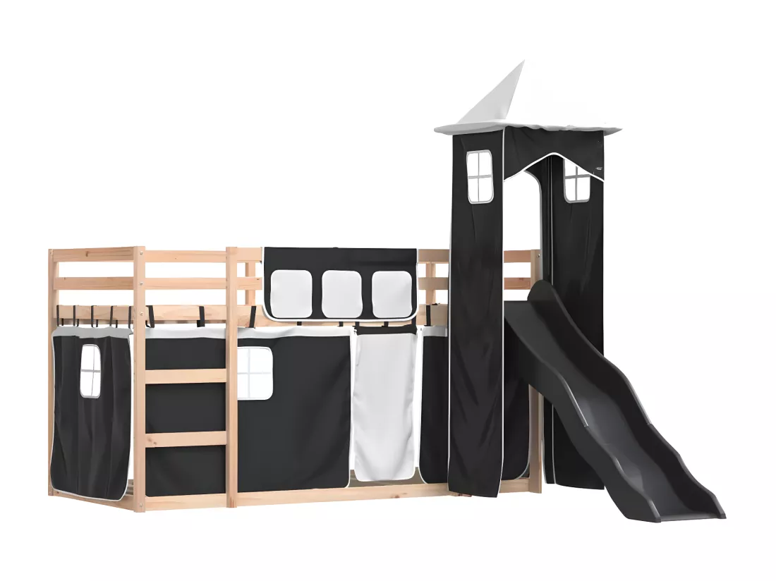 Lit superposé avec toboggan et rideaux blanc et noir 90x200 cm
