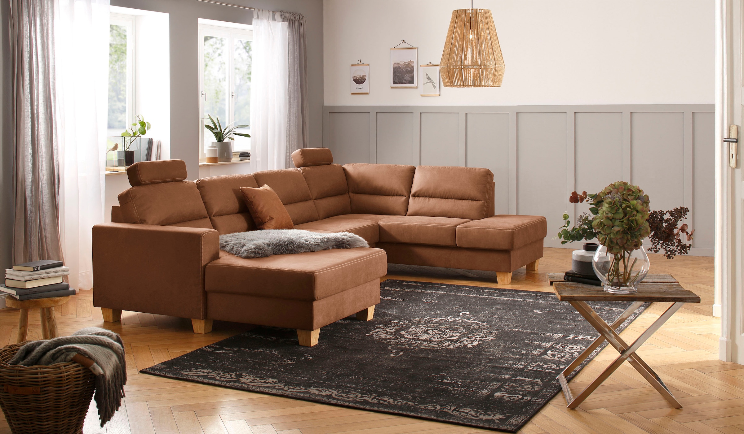 Home affaire Wohnlandschaft »Navan, komfortabel mit viel Platz, U-Form« wahlweise mit Bettfunktion und Kopfstütze