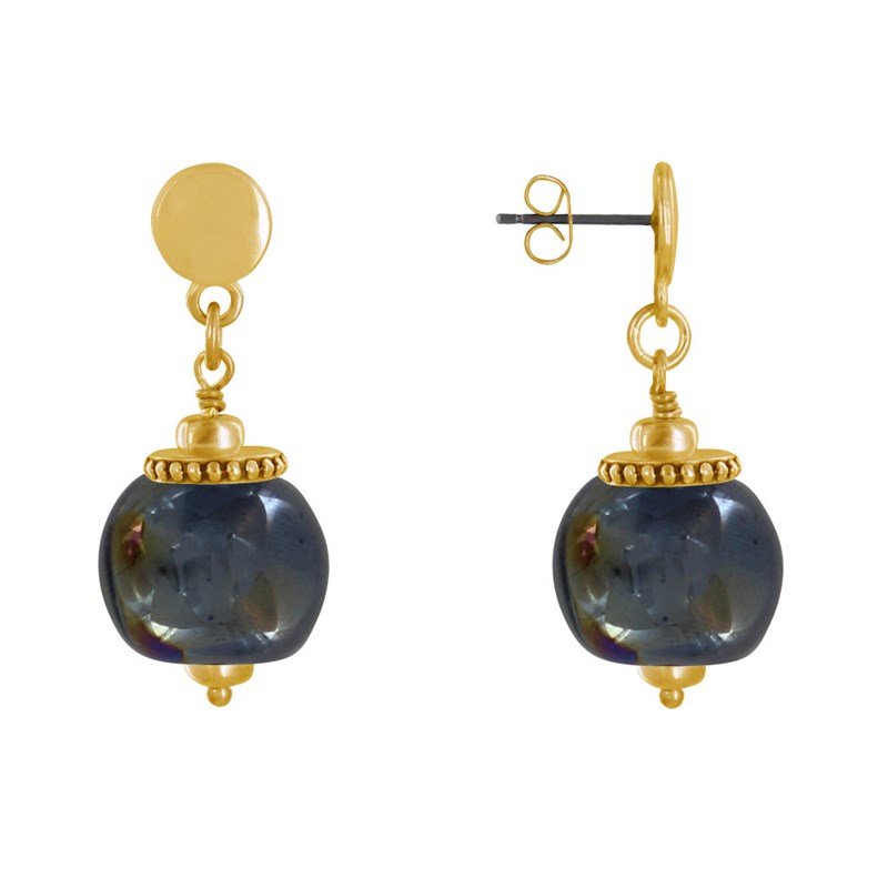 Boucles d'Oreilles Clous Métal Doré et Grosses Perles en Céramique