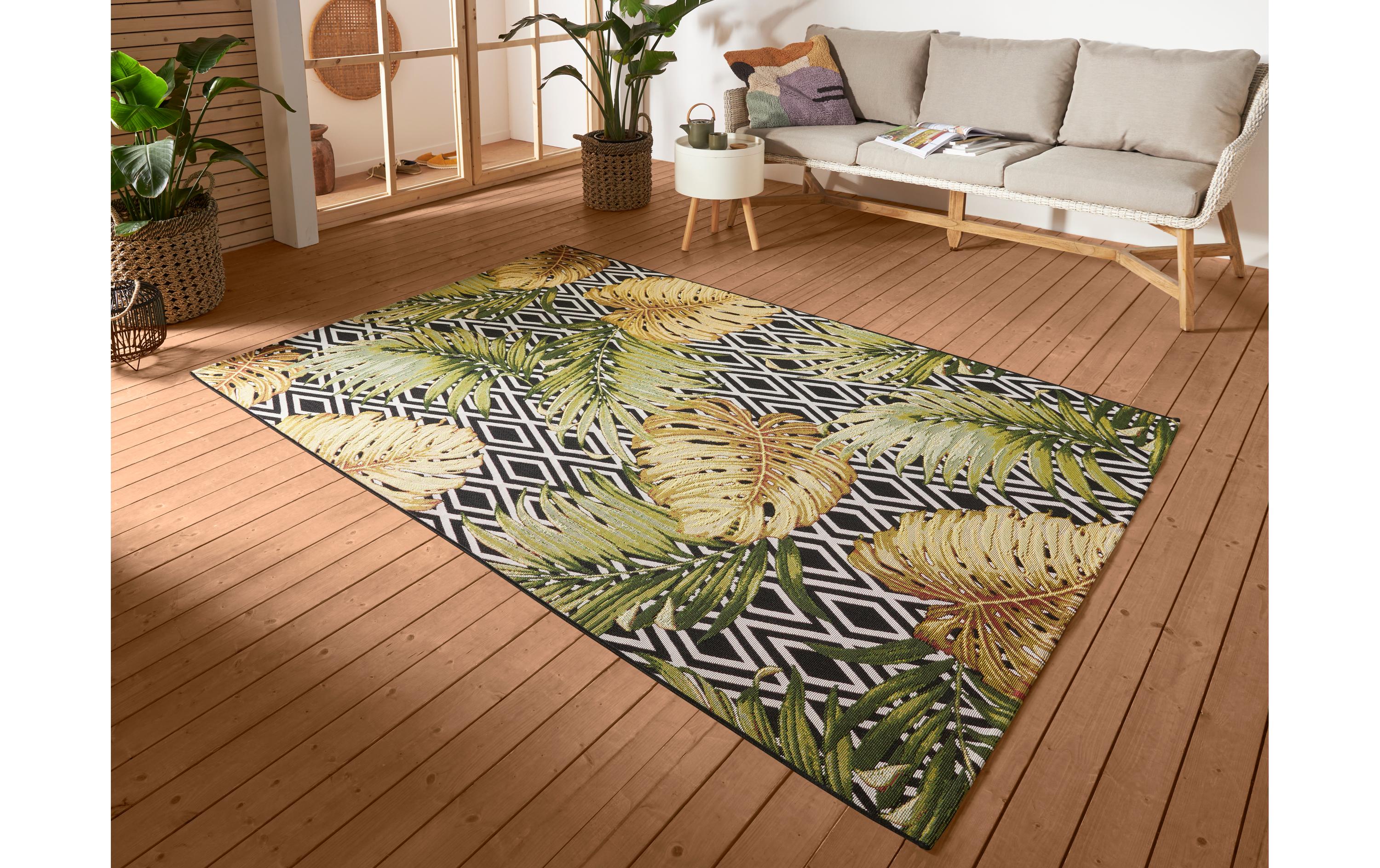Teppich Diamonds and Leaves 120 cm x 180 cm, MehrfarbigIn- & Outdoor Teppich, Flachegwebeteppich im Tropischen Rauten & Palmen Design, Wetterfest & Wasserfester Aussenteppich für Terrasse, Balkon, Garten Wohnzimmer