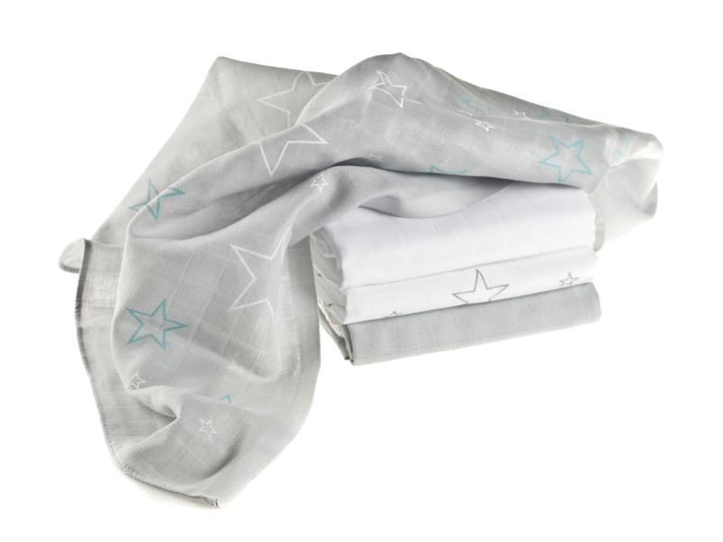 MAKIAN Mulltuch 4-er Set 70 x 70 cm Hellgrau und Weiss Ster Mulltücher 70 x 70 cm Hellgrau / Weiss Sterne