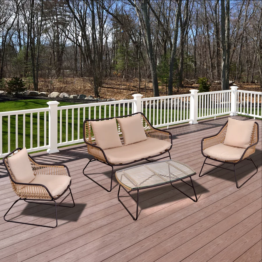 Outsunny Polyrattan Sitzgruppe mit Beistelltisch und Sitzpolstern, 4-teilig Khaki, Beige