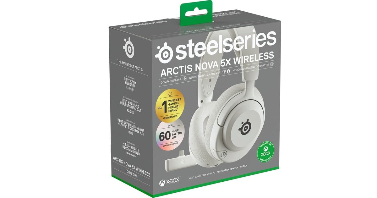 SteelSeriesArctis Nova 5X Wireless over-ear gaming headset  (Wit, Bluetooth 5.3 / 2.4 GHz, Pc, Xbox Series X|S, Xbox One)