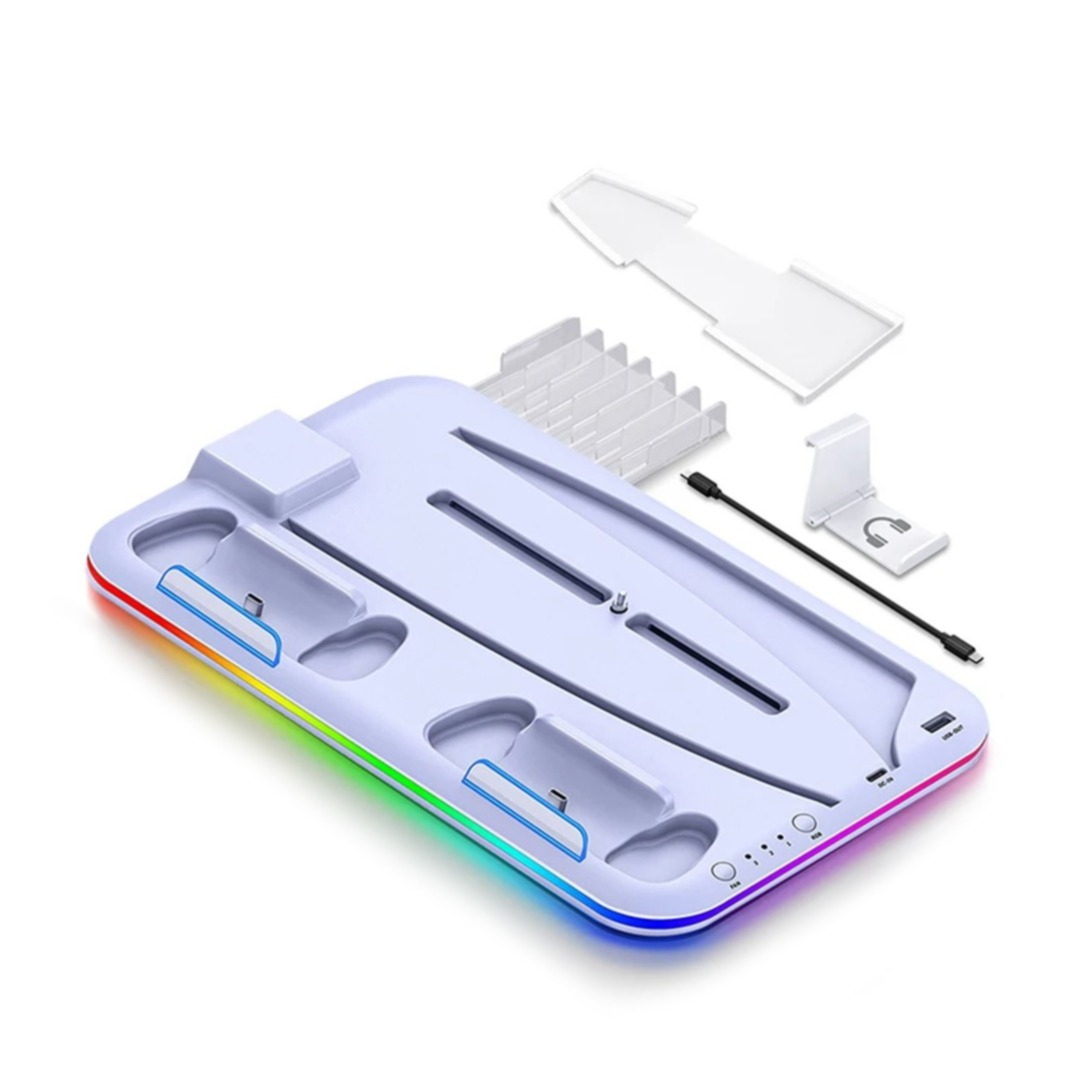 Sony PlayStation PS5 Halterung mit Lüfter und Controller Dual Ladestation   Disk Ständer / Headset Halterung mit RGB LEDs - Weiss