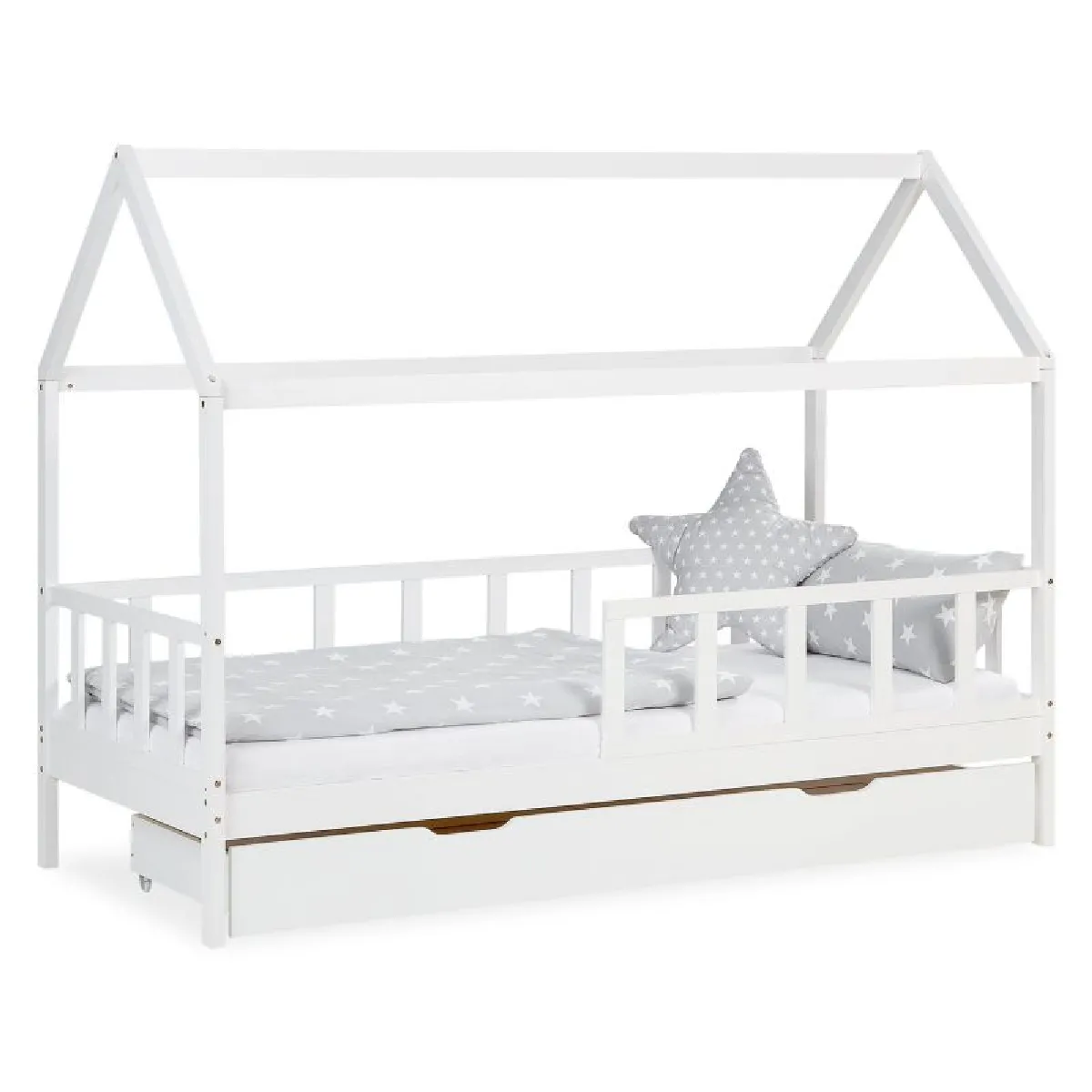 Homestyle4U Lit cabane 90x200 cm avec tiroir et barrières